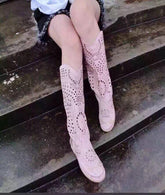 Leather Round Toe Rivet Flat Boots Knee High Spike-BS00980-Veeddydropshipping